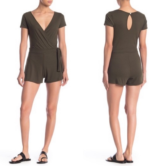 Olive Rib Knit Side Tie Romper- Medium